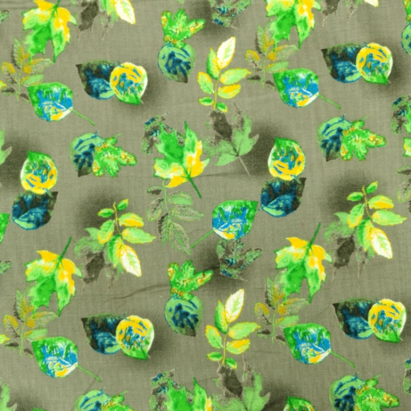 Printed Egyptian Cotton - Green and Blue Autumn Leaves on Grey